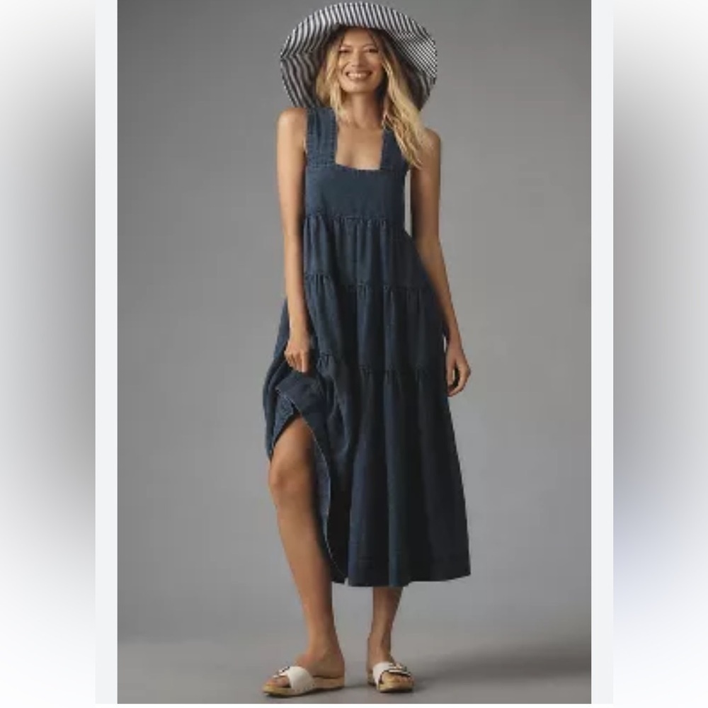 Anthropologie The Helena Square-Neck Tiered Midi Dress Smocked Denim Size XS
